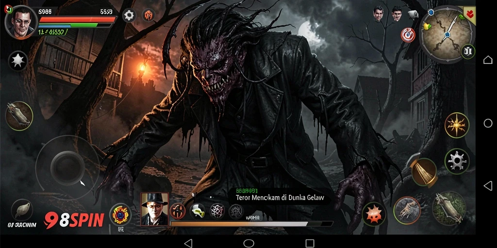 Screenshot dari gameplay 98SPIN yang menunjukkan suasana Horror yang menegangkan.