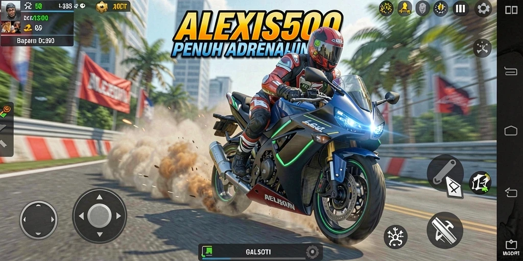Tampilan gameplay ALEXIS500 dengan motor balap dan lintasan yang menantang.