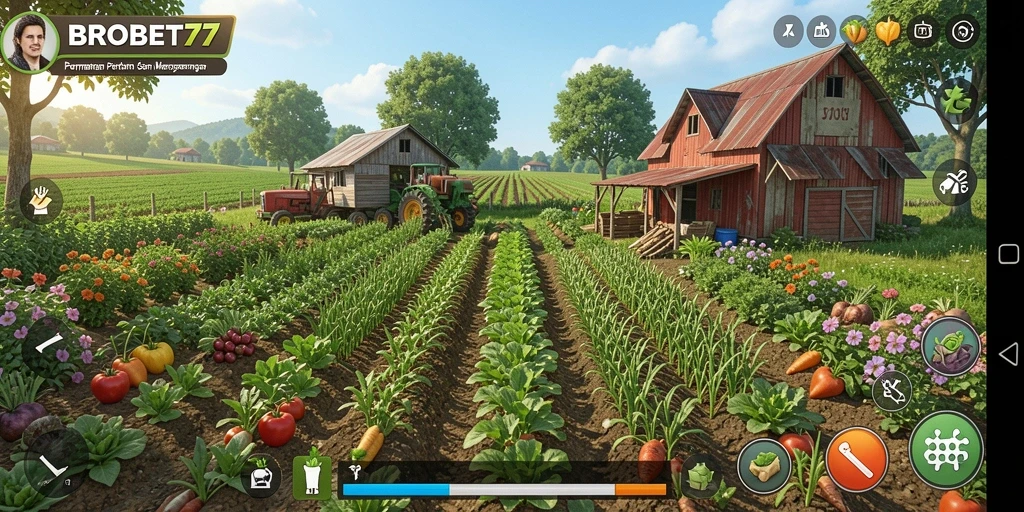Screenshot gameplay BROBET77 menampilkan ladang yang indah dan tanaman beragam.