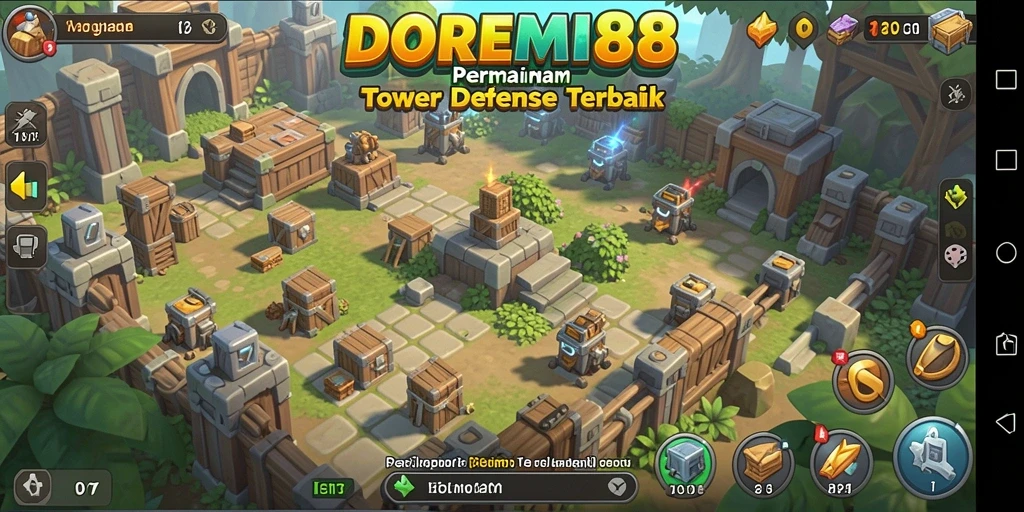 Screenshot gameplay DOREMI88 menampilkan aksi Tower Defense yang seru.