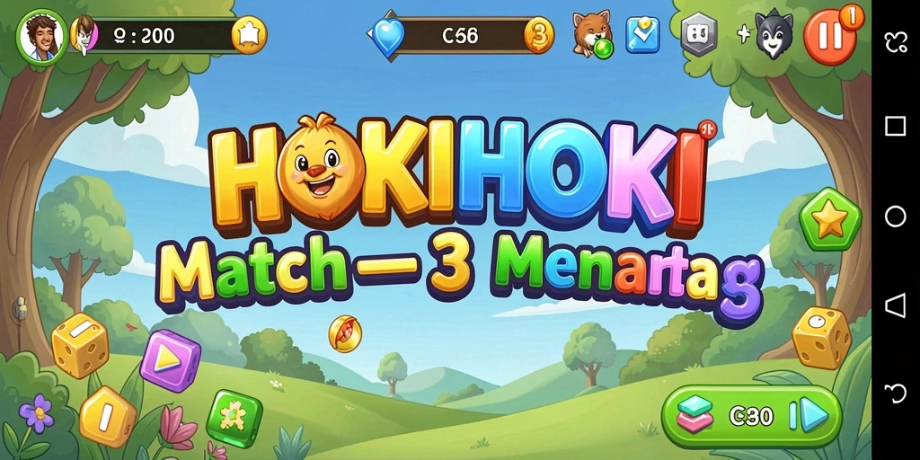 Tangkapan layar gameplay HOKIHOKI yang menampilkan momen seru dalam permainan Match-3.