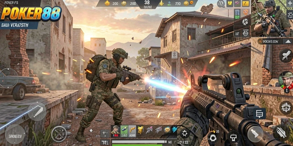 Screenshot gameplay POKER88 menampilkan pertempuran FPS yang intens.