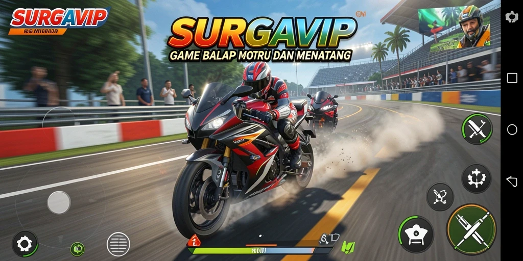 Gameplay SURGAVIP dengan motor balap yang mengesankan di lintasan.