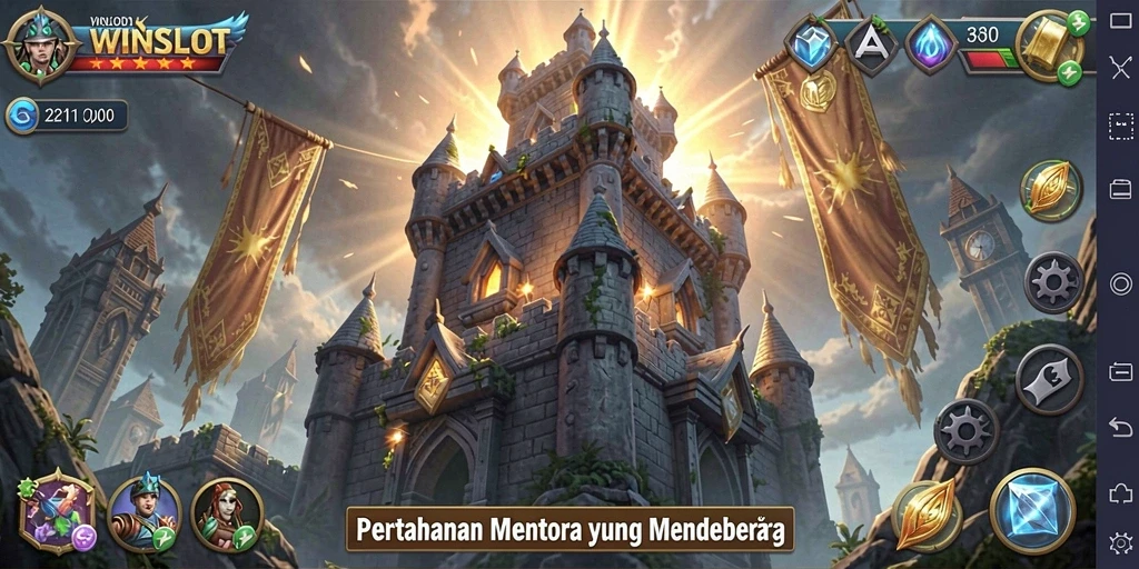 Gameplay menakjubkan dari WINSLOT menunjukkan menara pertahanan yang beraksi.